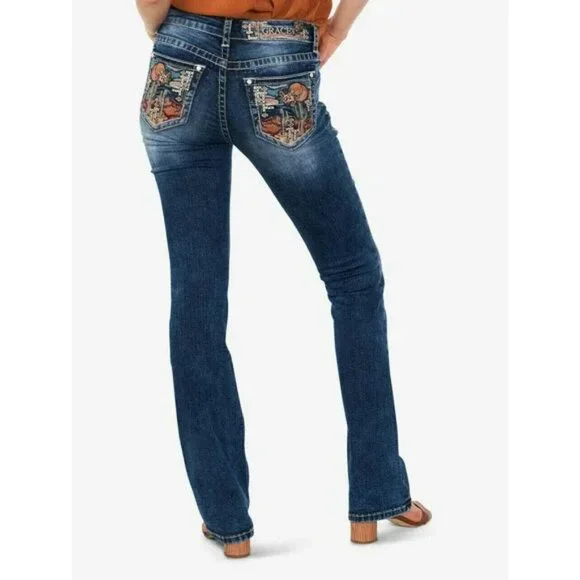 Grace in LA Women's Western Cactus Embroidered Bootcut Stretch Jeans NWT - Picture 2 of 4
